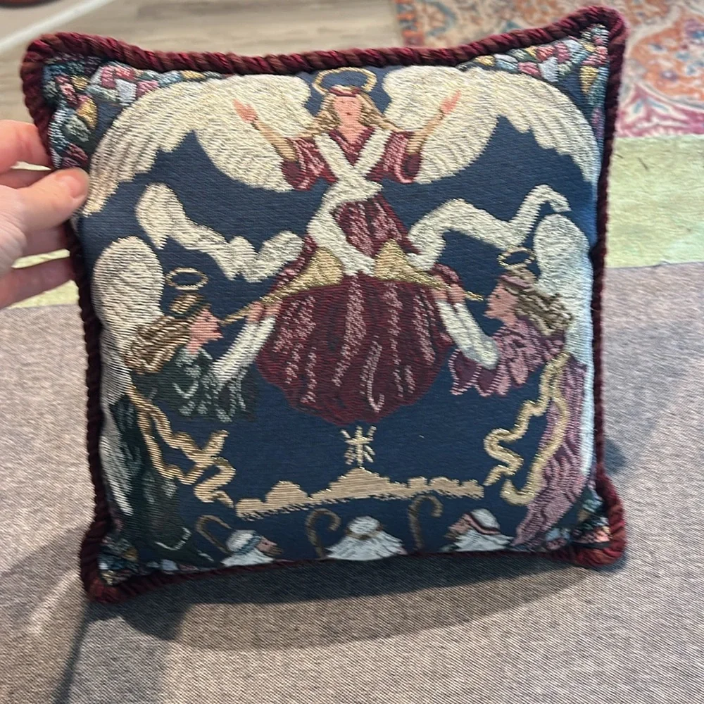 Nativity - Angels, Shepherds, Town, Stain Glass, Highlights, Tapestry Pillow